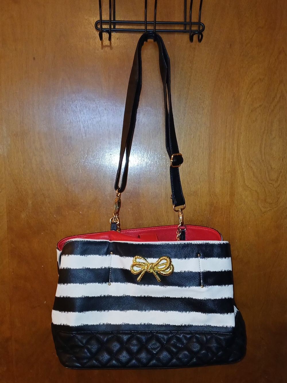 Betsey Johnson Black & White Striped Shoulder Bag with Gold Bow Accent - Women's